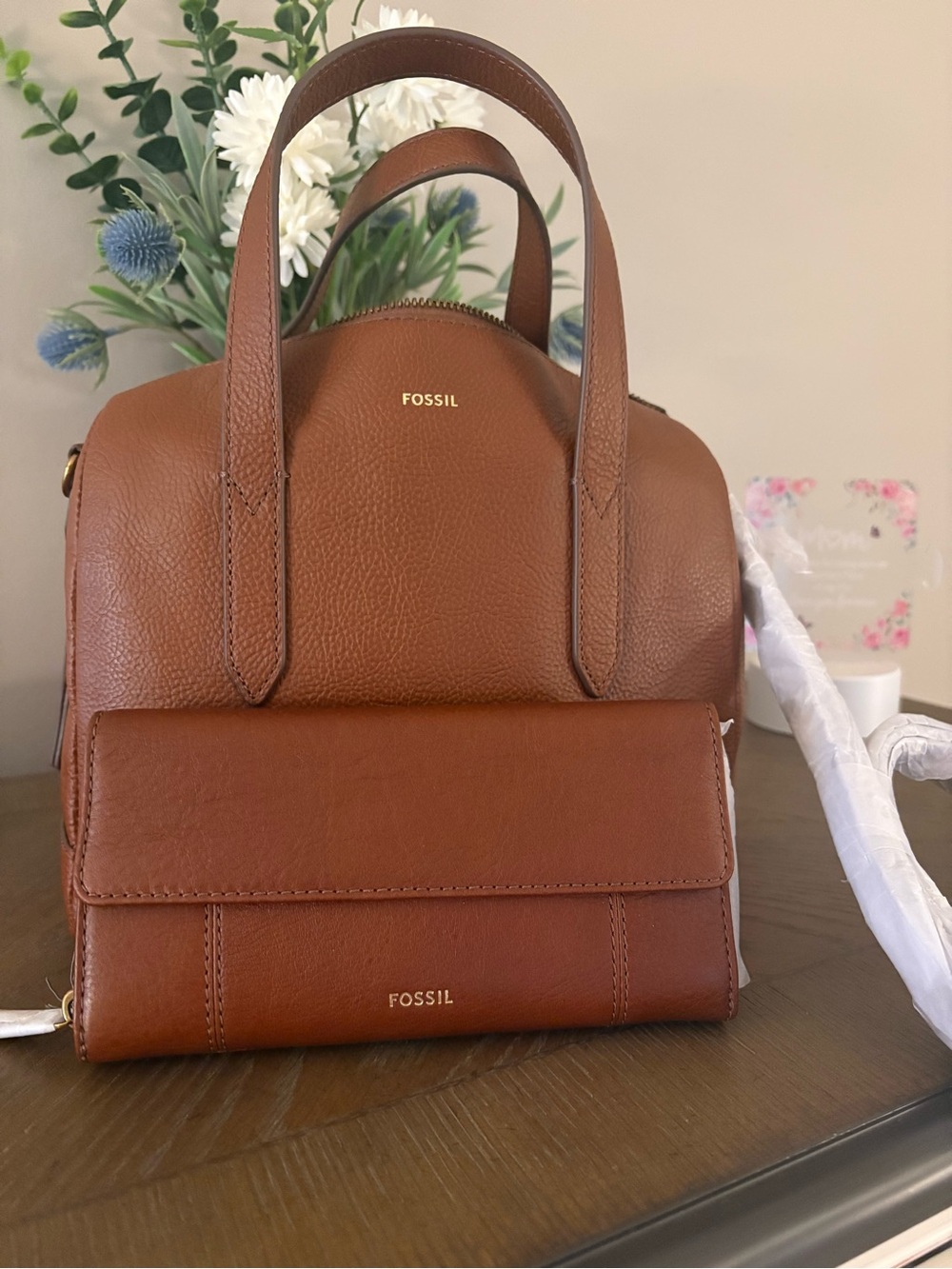 Fossil Brown Leather Satchel with Matching Wallet